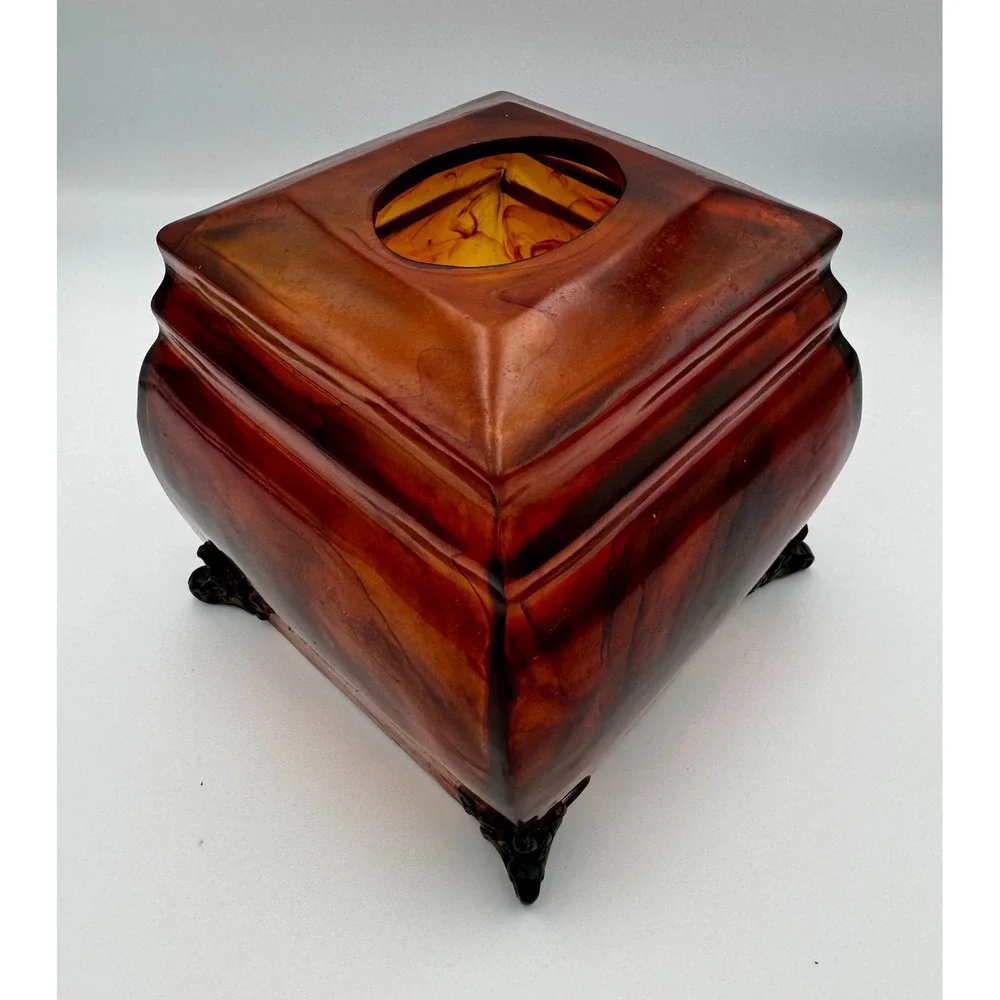 Vintage Faux Tortoiseshell Lucite Acrylic Tissue Box Cover Ornate Resin Feet